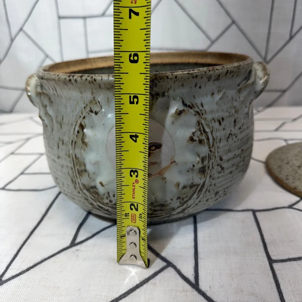 Crocker Nauvoo Studio Pottery Lidded Bean Pot 8in Tan Sun Face Celestial Signed